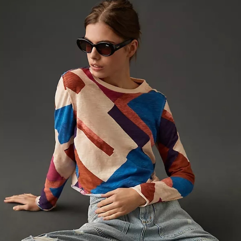 Maeve by Anthropologie Marbled Blue Brown Red Block Print Long Sleeve T-Shirt